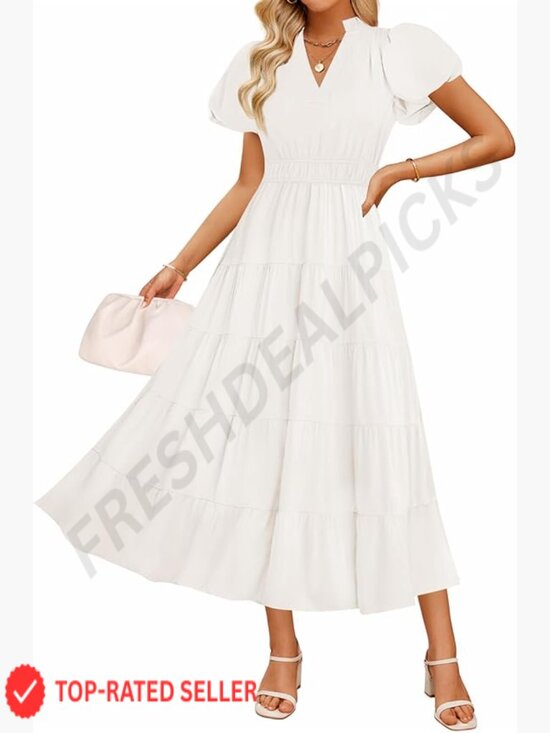 Dresses & Skirts - Puff Short Sleeve V Neck Ruffle Tiered Flowy Boho Maxi Dress
